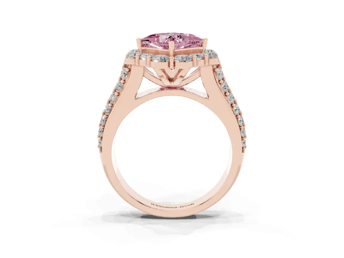 Fancy Pink Princess Cut Halo Diamond Engagement Ring with Split Shank and Prong Setting Rose gold