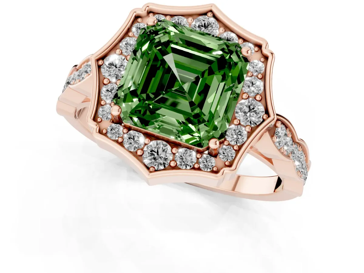 Fancy Green Asscher Cut Halo Diamond Engagement Ring with Milgrain Band and Four-Prong Setting Rose gold