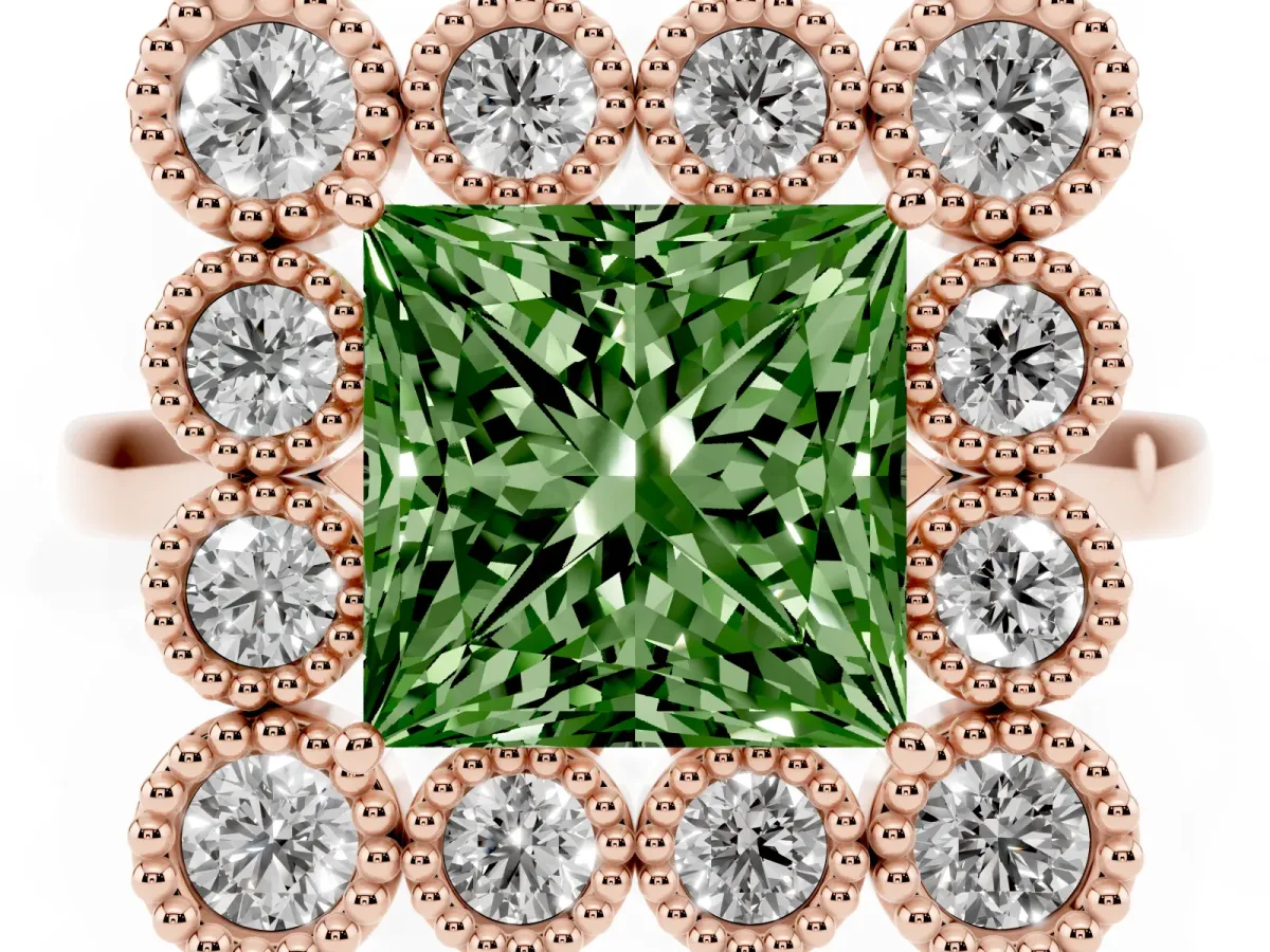 Fancy Green Princess Cut Halo Diamond Cluster Engagement Ring with Milgrain Bezel Setting and Solitaire Band Rose gold