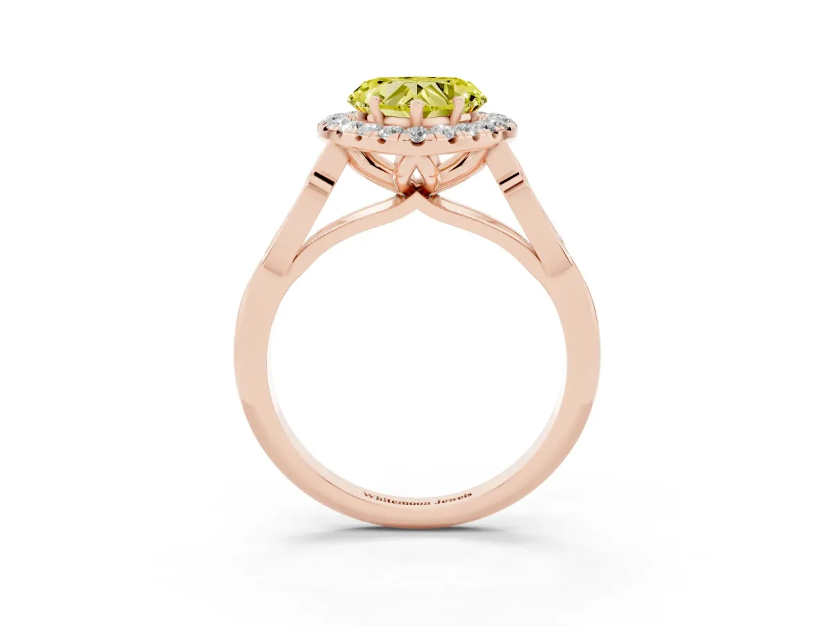 Fancy Yellow Heart Cut Halo Diamond Engagement Ring with Filigree Band and Four-Prong Setting Rose gold