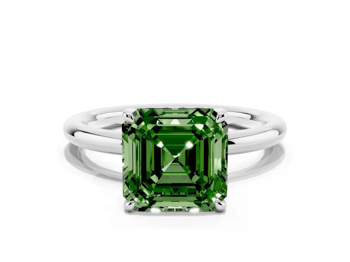 Fancy Green Asscher Cut Diamond Solitaire Ring with Thin Band and Four-Prong Setting Silver