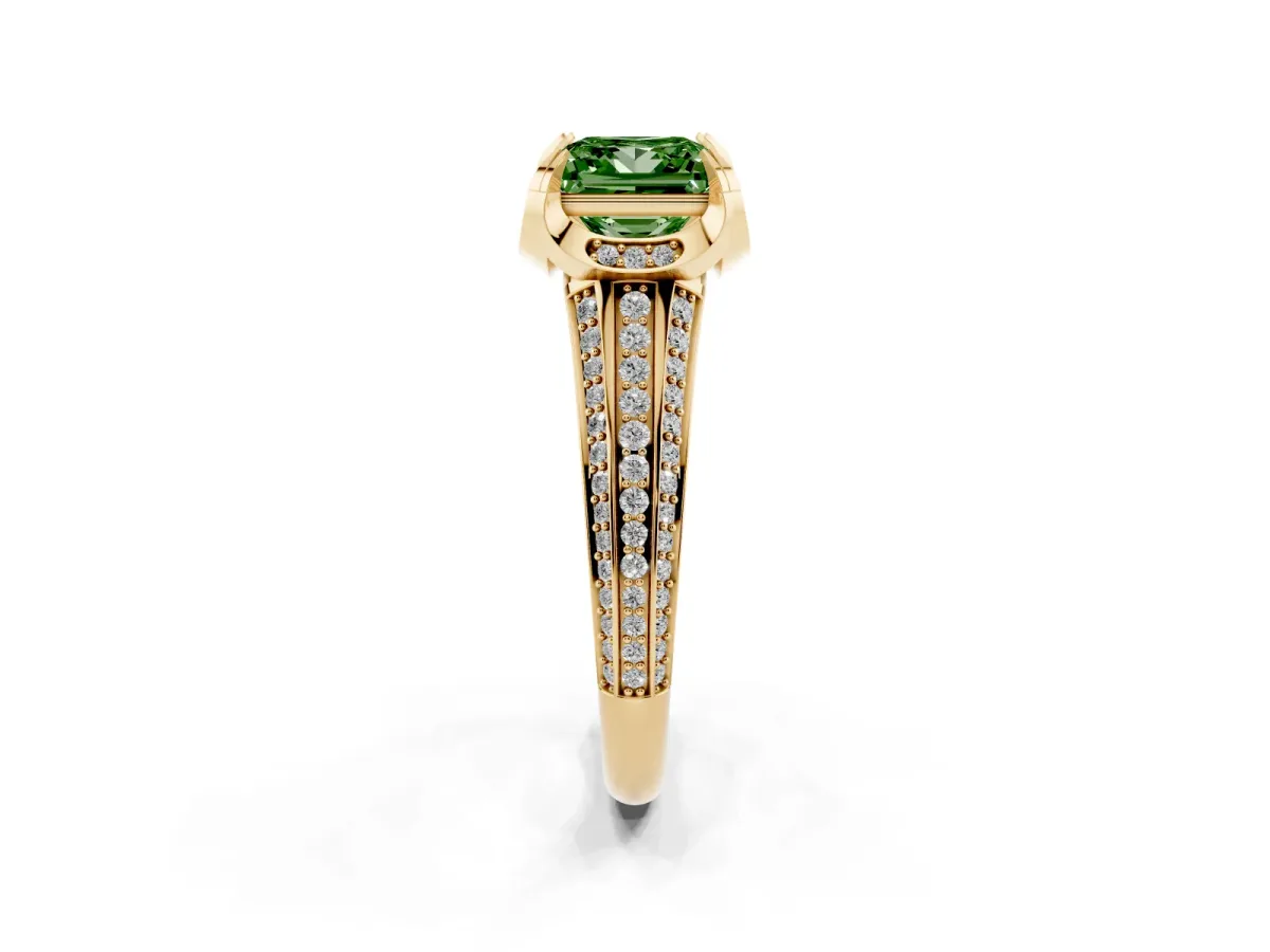 Fancy Green Princess Cut Solitaire Pave Split Shank Ring with Four-Prong Setting Yellow gold