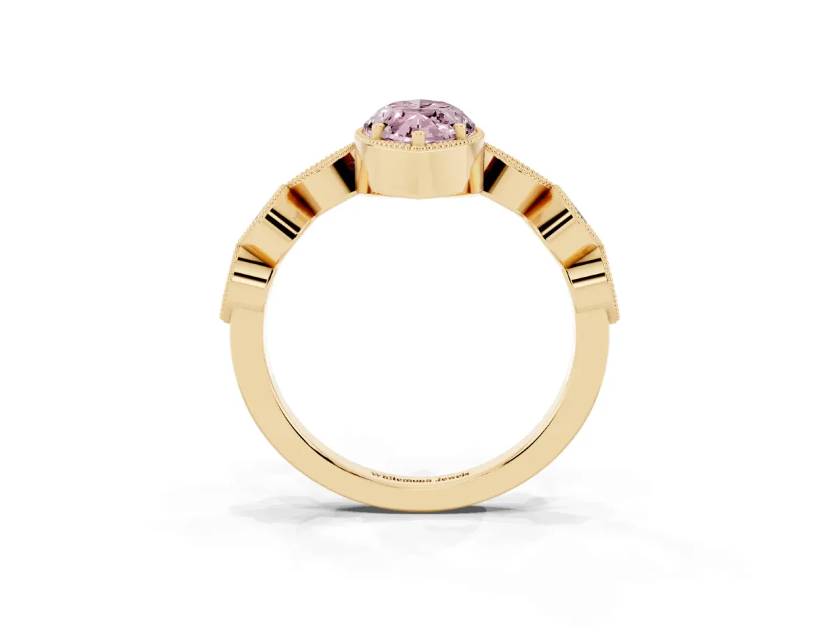 Fancy Pink Marquise Cut Diamond Vintage Milgrain Ring with Round Stations Yellow gold