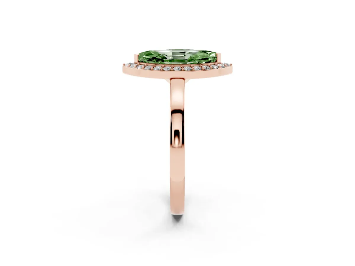 Fancy Green Marquise Cut Halo Diamond Ring with Solitaire Band and Prong Setting Rose gold