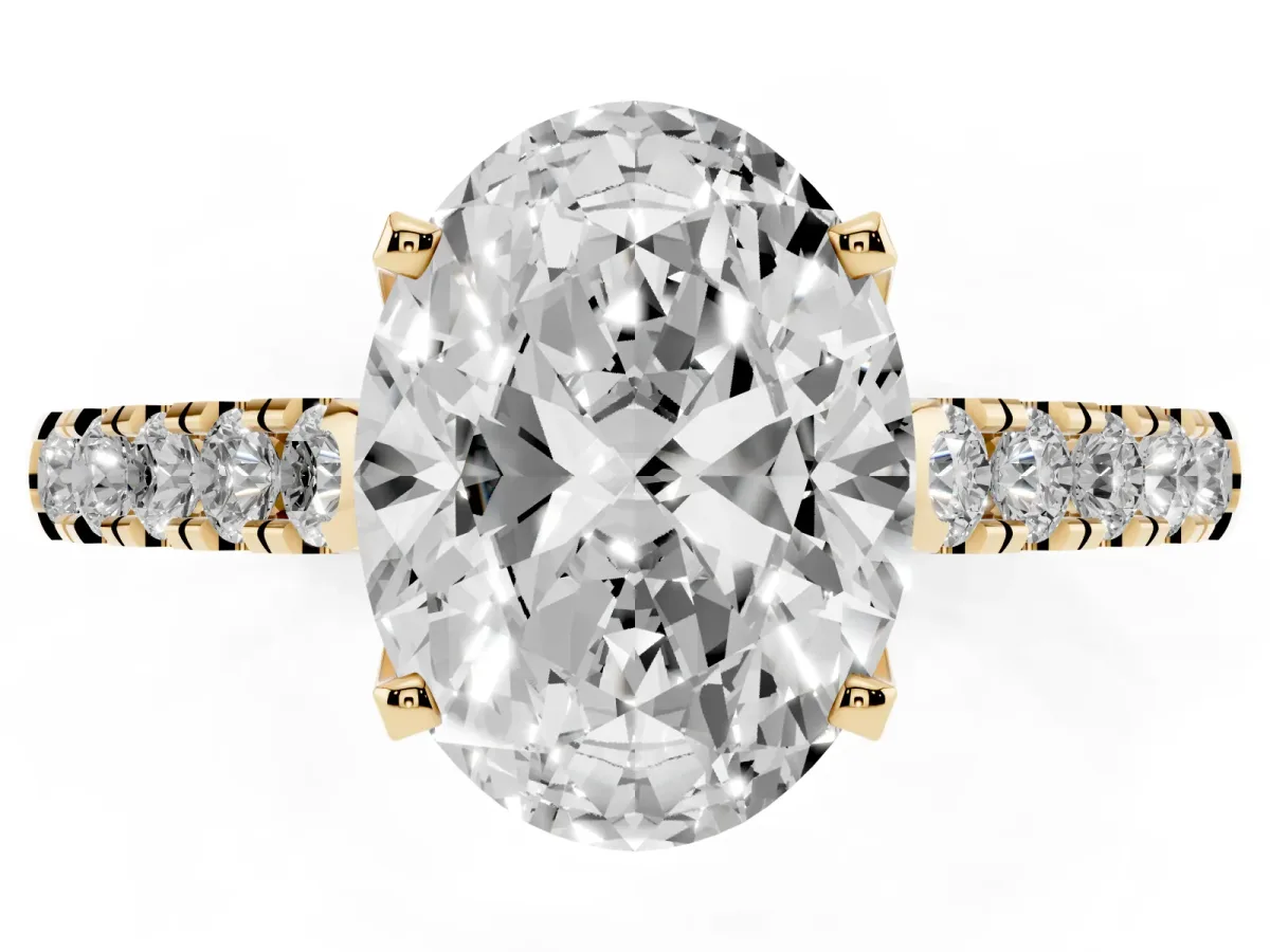 Oval Cut Diamond Pavé Band Solitaire Ring with Prong Setting Yellow gold