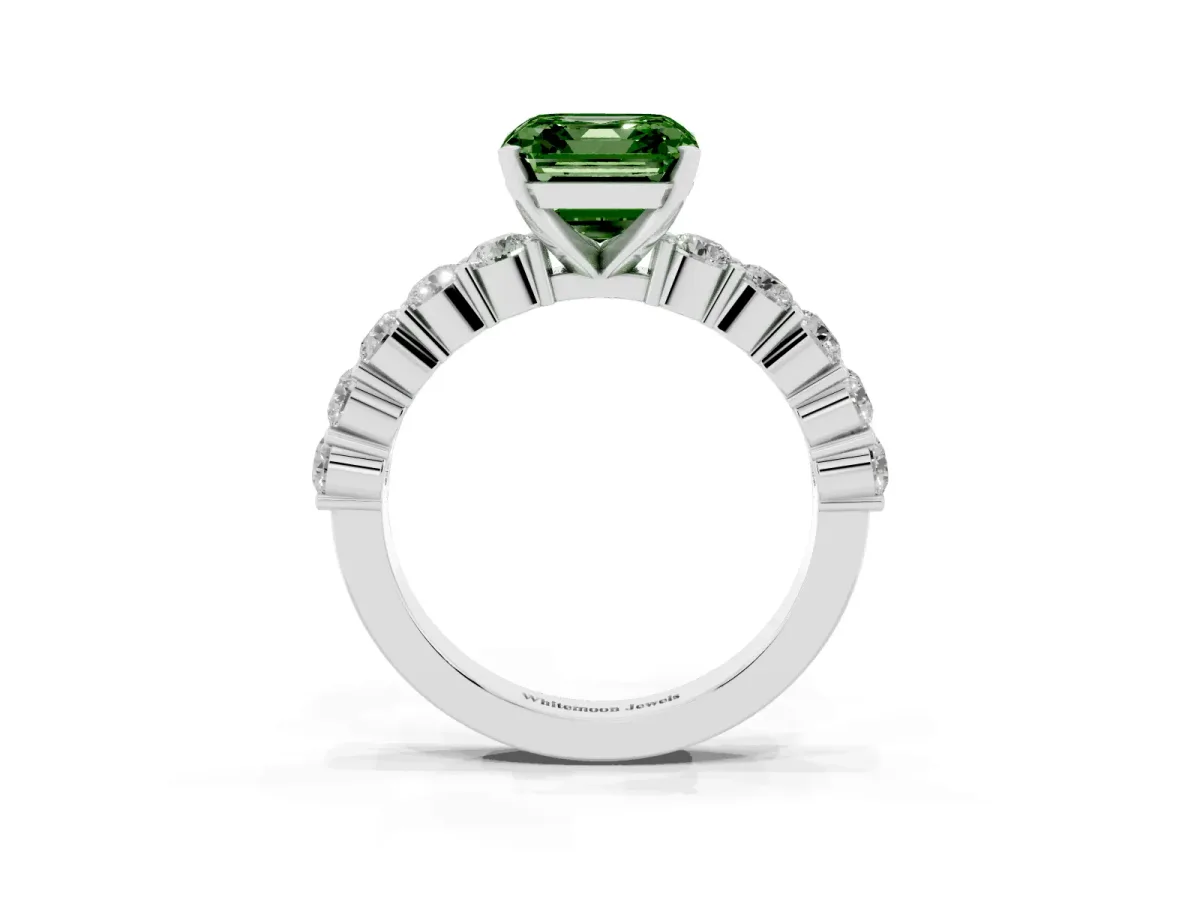 Fancy Green Asscher Cut Diamond Solitaire Ring with Shared Prong Round Side Stones Silver