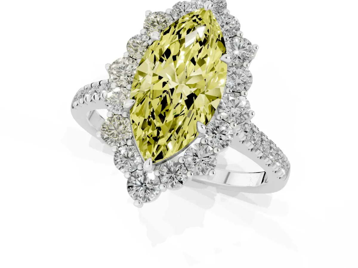 Fancy Yellow Marquise Cut Halo Diamond Ring with Pavé Band and Prong Setting White gold
