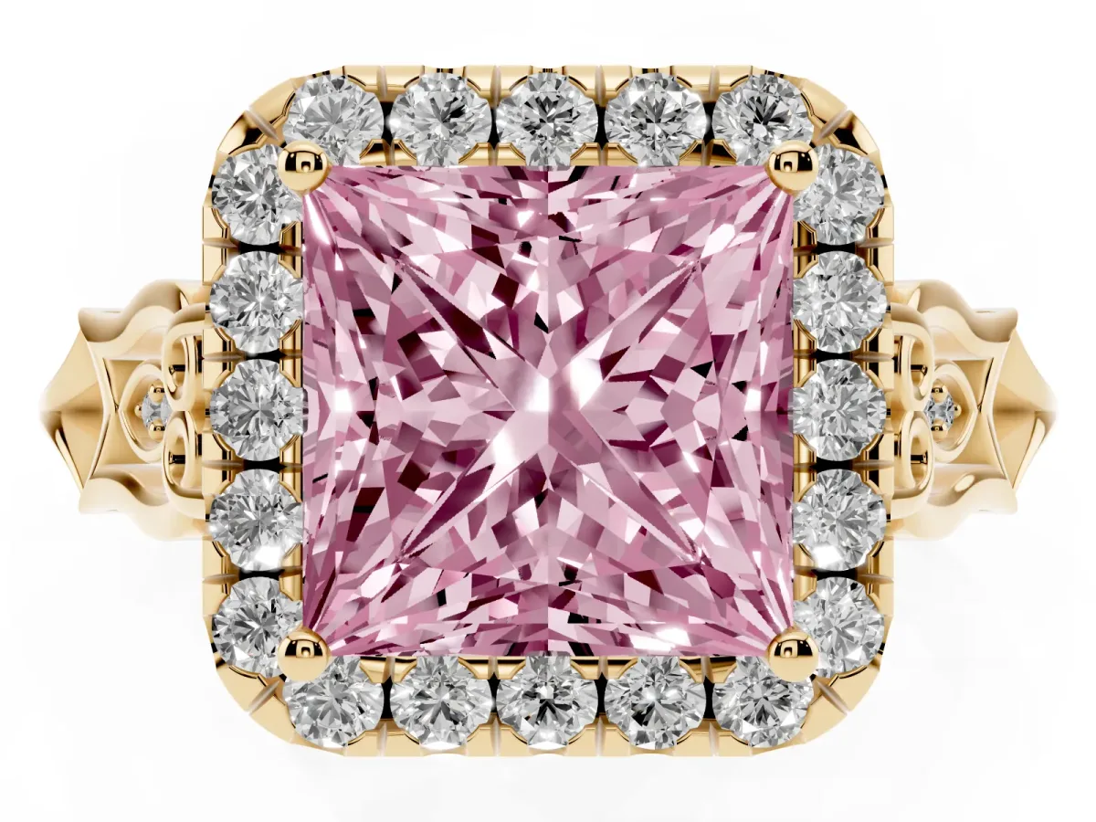 Fancy Pink Princess Cut Halo Diamond Engagement Ring with Filigree Band and Four-Prong Setting Yellow gold