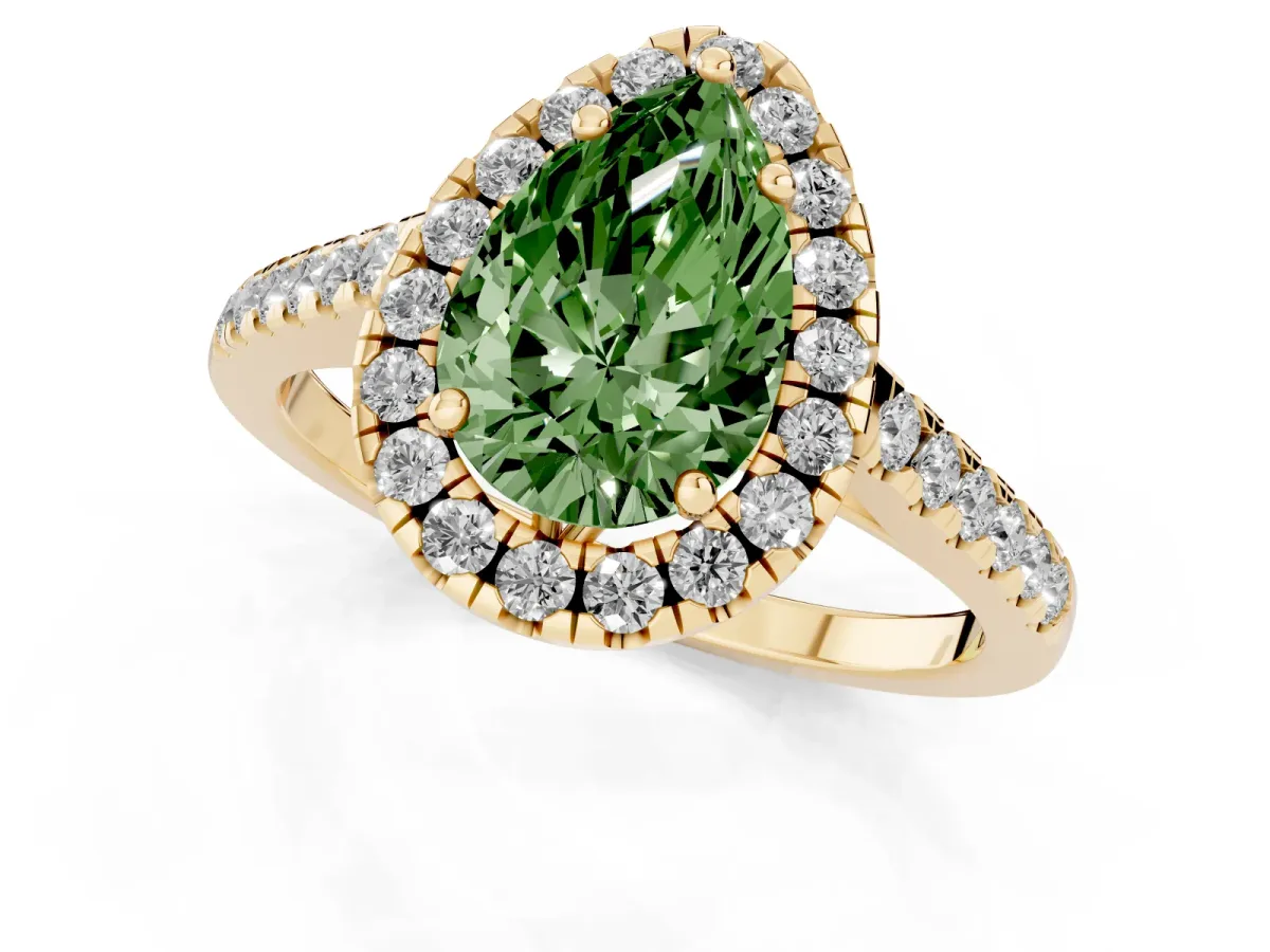 Fancy Green Pear Cut Halo Pavé Diamond Engagement Ring with Four-Prong Setting Yellow gold