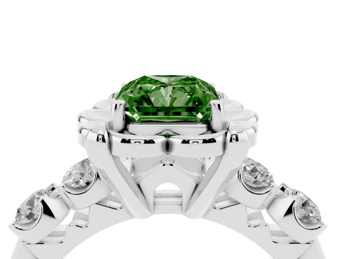 Fancy Green Radiant Cut Cut Diamond Floral Halo Engagement Ring with Shared Prong Setting White gold