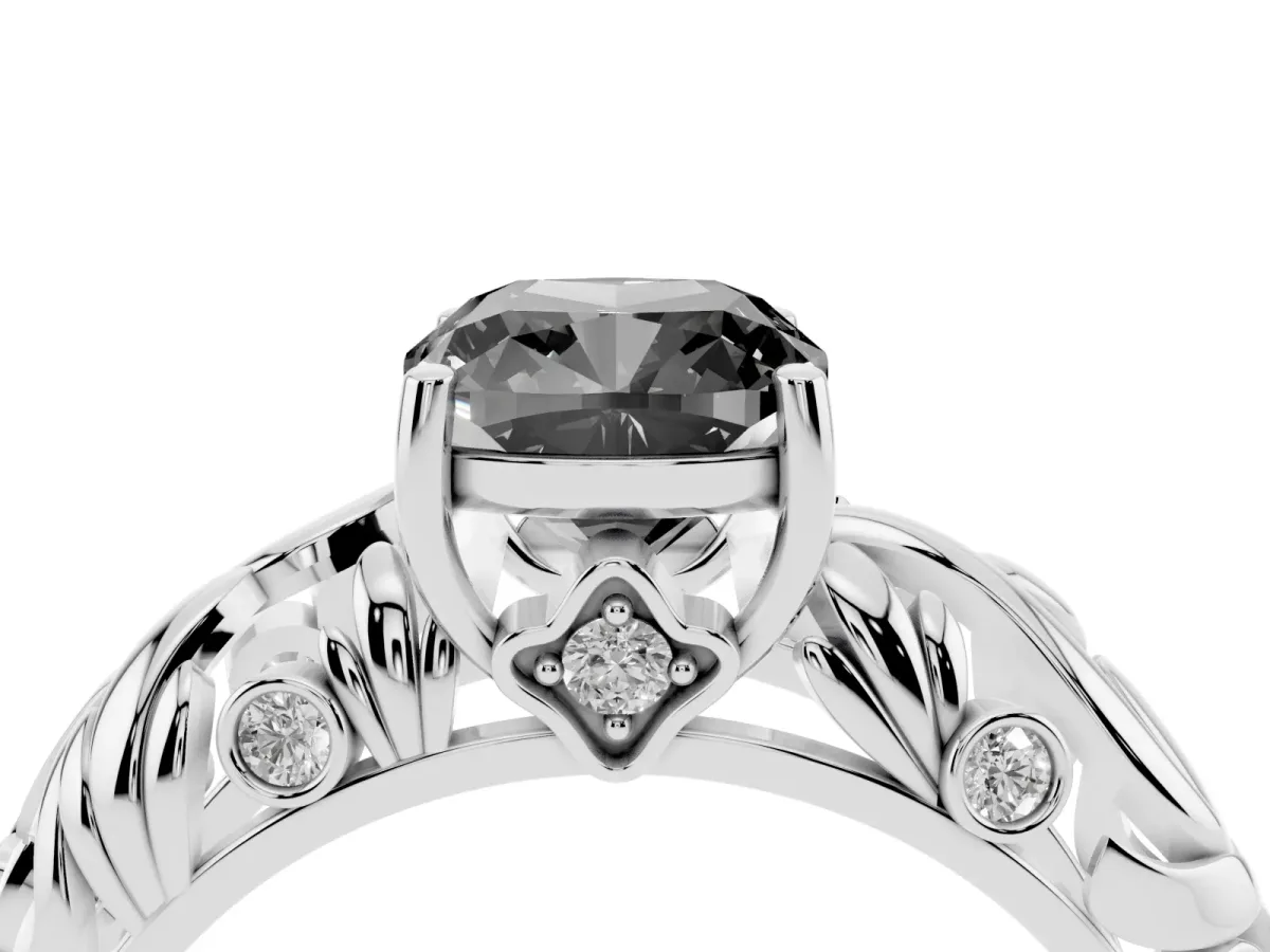 Fancy Black Cushion Cut Solitaire Diamond Leaf-Inspired Vine Band Ring with Prong Setting Silver