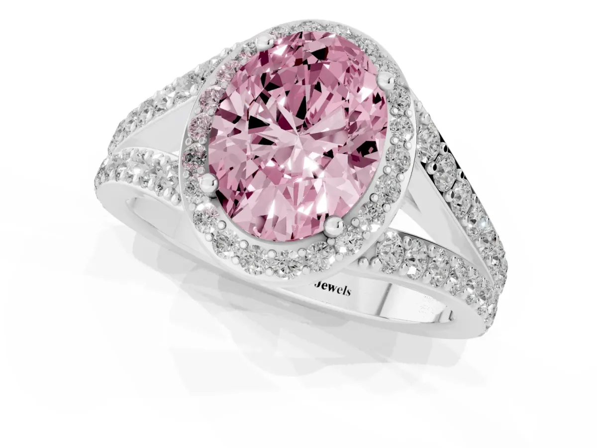 Fancy Pink Oval Cut Diamond Split Shank Halo Ring with Four-Prong Setting Platinum