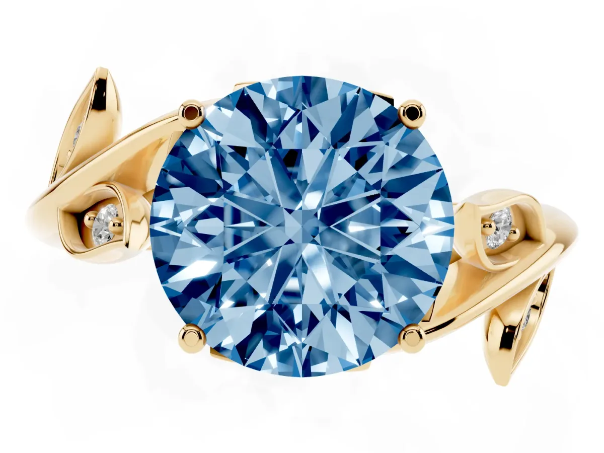 Fancy Blue Round Cut Solitaire Twist Engagement Ring with Leaf Accents and Prong Setting Yellow gold