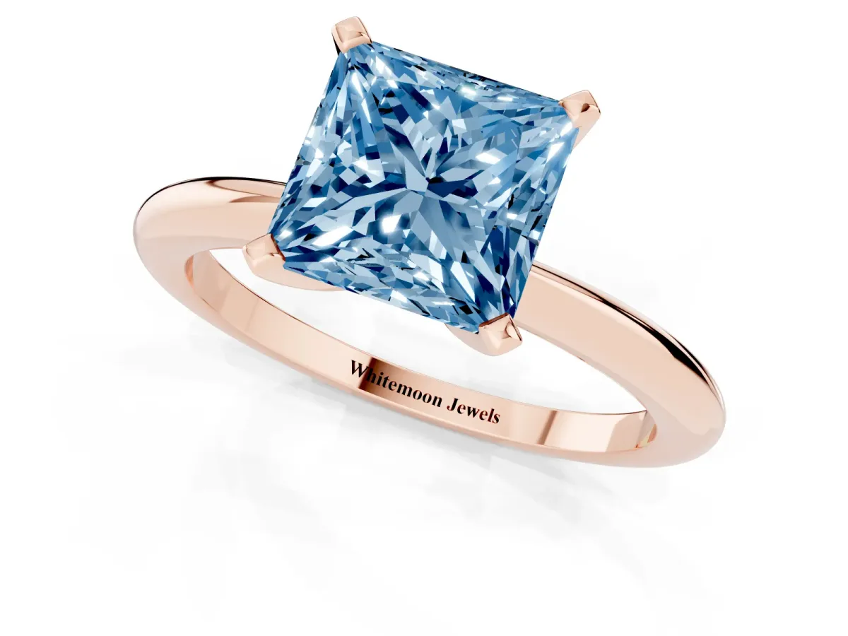 Fancy Blue Princess Cut Diamond Solitaire Ring with Prong Setting and Classic Band Rose gold