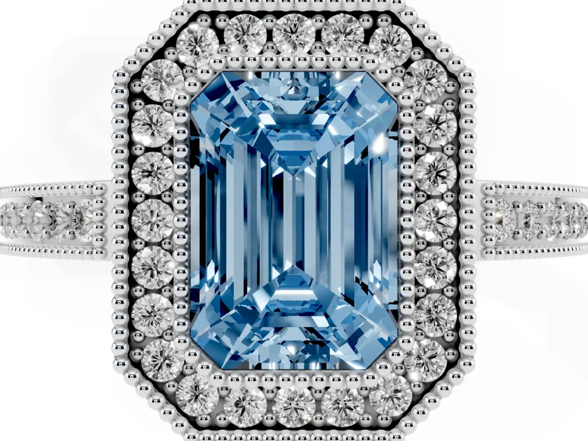 Fancy Blue Emerald Cut Cut Halo Diamond Ring with Pavé Band and Milgrain Prong Setting Platinum
