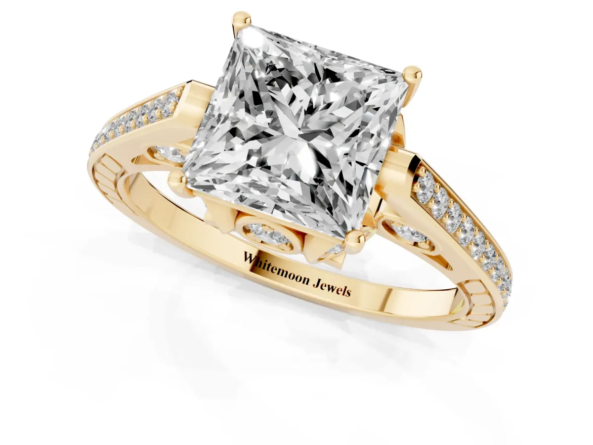 Princess Cut Cut Cathedral Pave Diamond Engagement Ring with Six-Prong Setting Yellow gold
