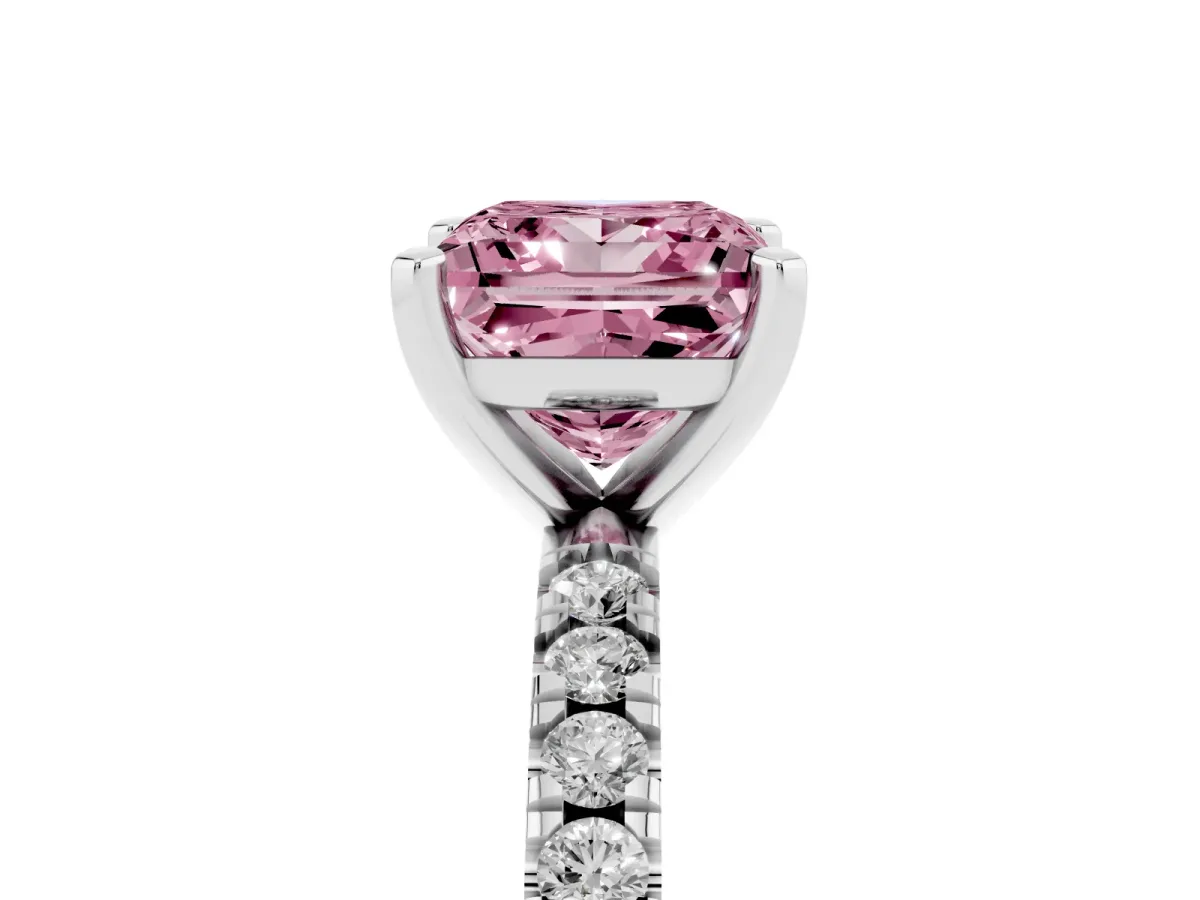 Fancy Pink Princess Cut Diamond Pavé Band Solitaire with Four-Prong Setting Silver