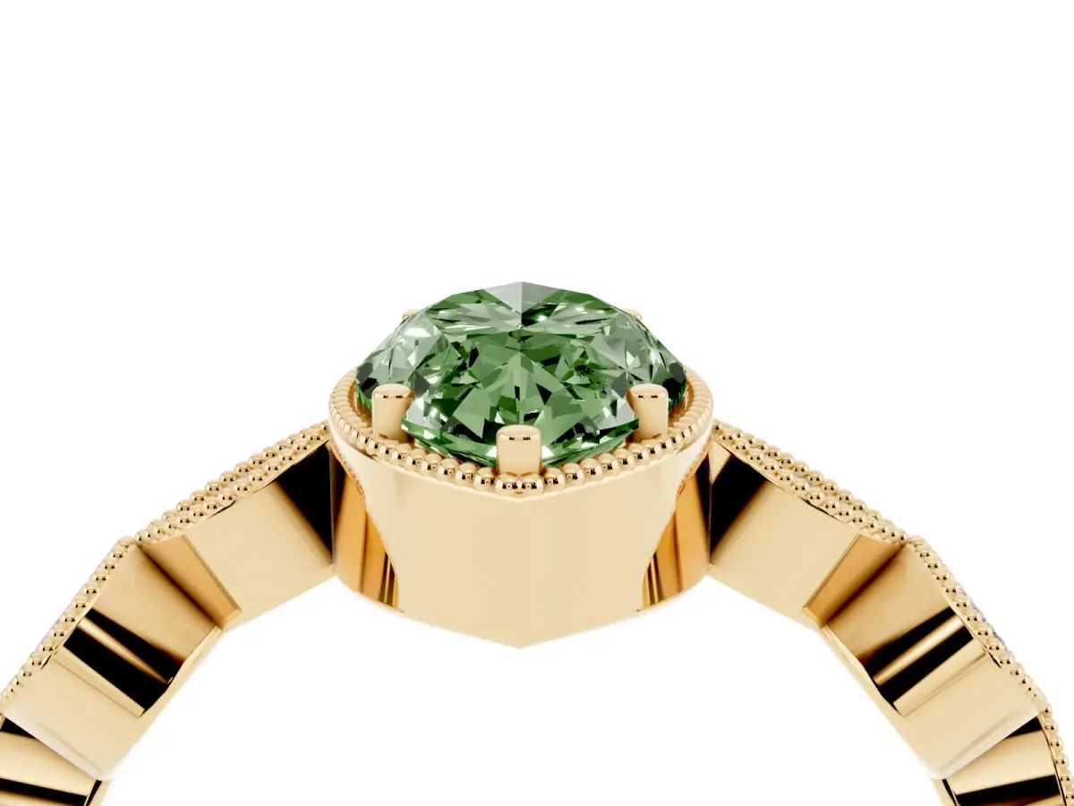 Fancy Green Marquise Cut Diamond Vintage Milgrain Ring with Round Stations Yellow gold