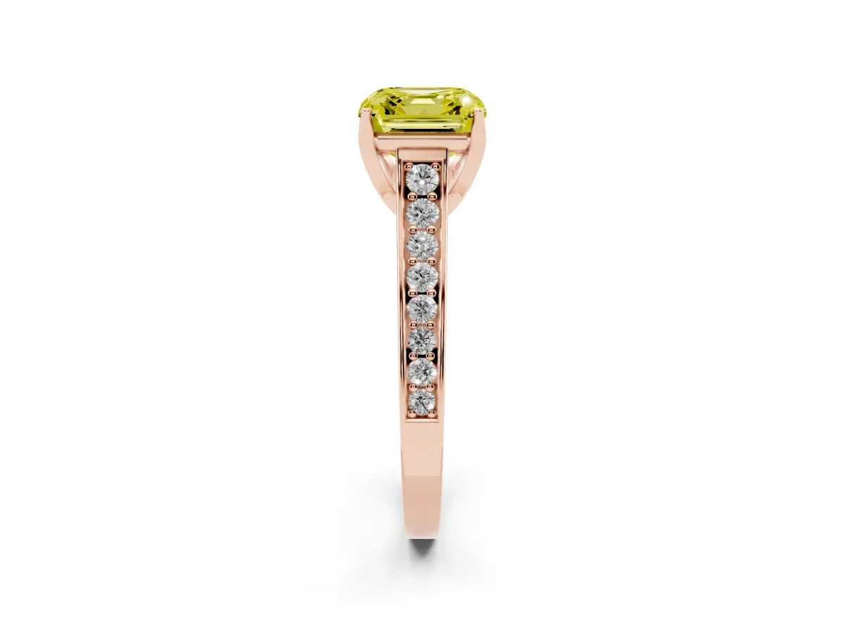 Fancy Yellow Asscher Cut Brilliant Cut Diamond Engagement Ring with Pavé Band and Four-Prong Setting Rose gold