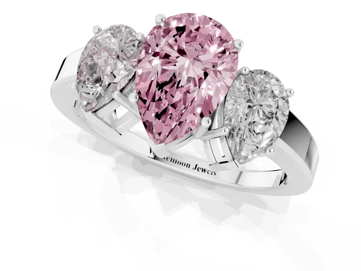 Fancy Pink Three-Stone Pear Cut Cut Diamond Engagement Ring with Flat Band and Four-Prong Setting Silver