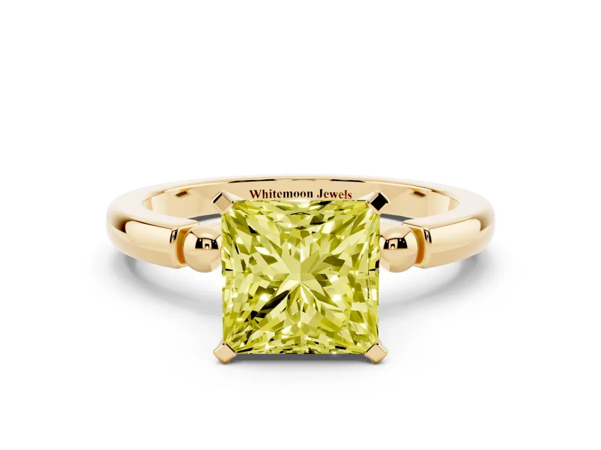 Fancy Yellow Princess Cut Solitaire Beaded Band with Four-Prong Setting Yellow gold