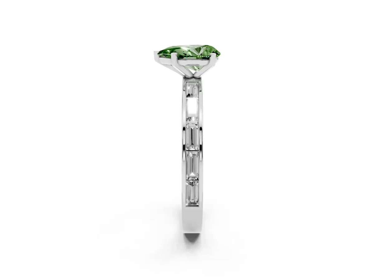 Fancy Green Pear Cut Solitaire Diamond Ring with Channel-Set Baguette Band and Four-Prong Setting White gold