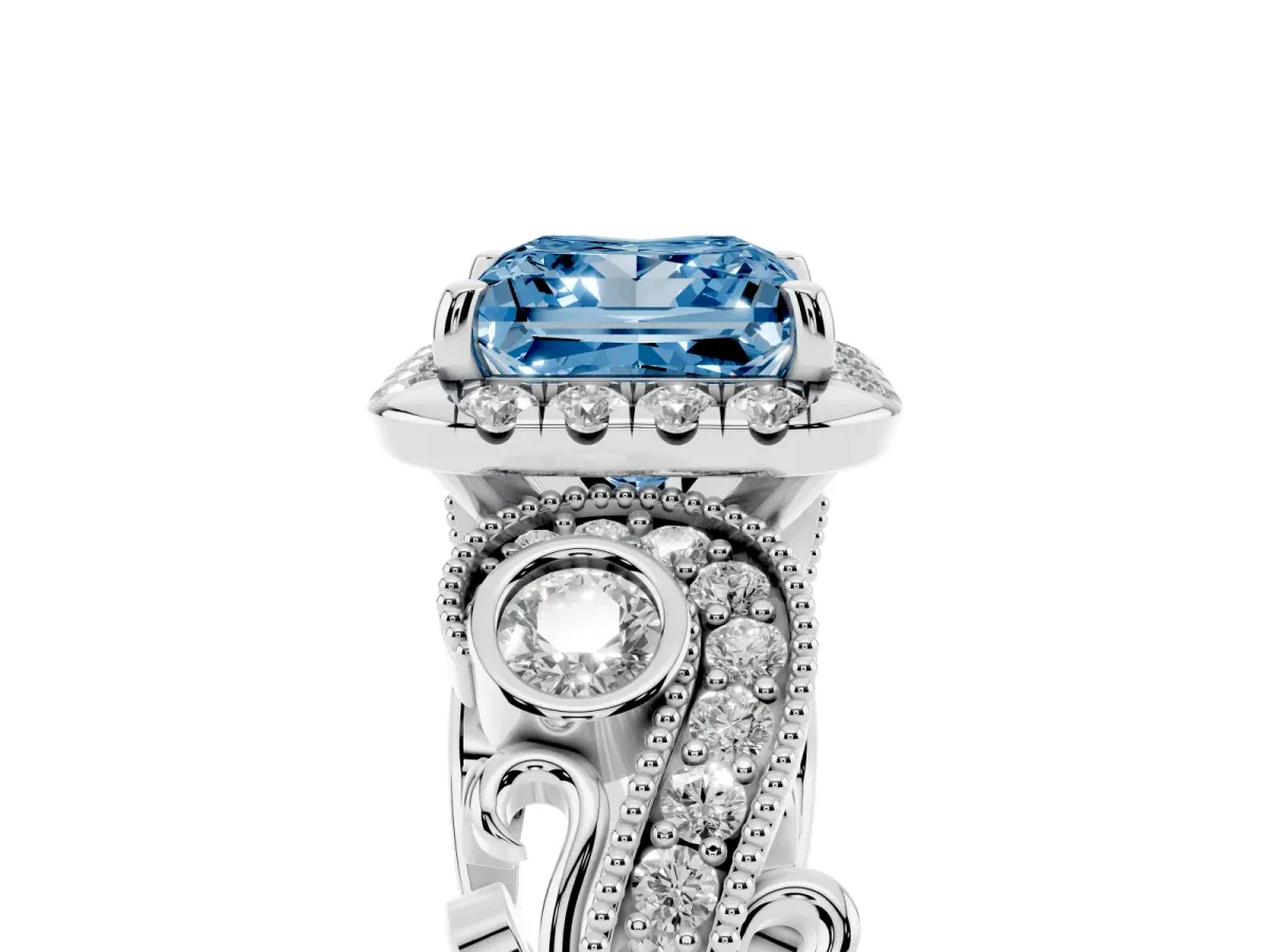 Fancy Blue Princess Cut Diamond Halo Ring with Milgrain Pavé Band and Four-Prong Setting White gold