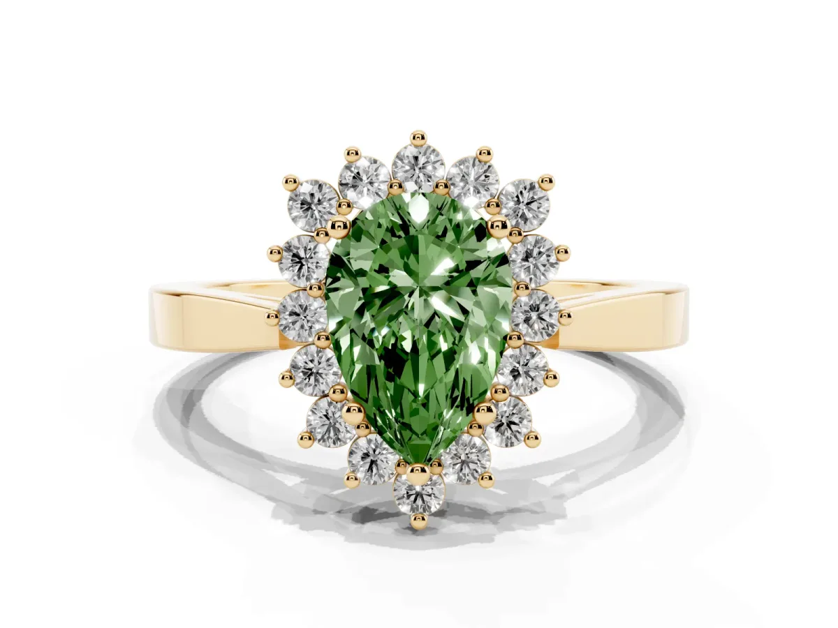 Fancy Green Pear Cut Cut Diamond Halo Ring with Round Brilliant Halo and Solitaire Band Yellow gold