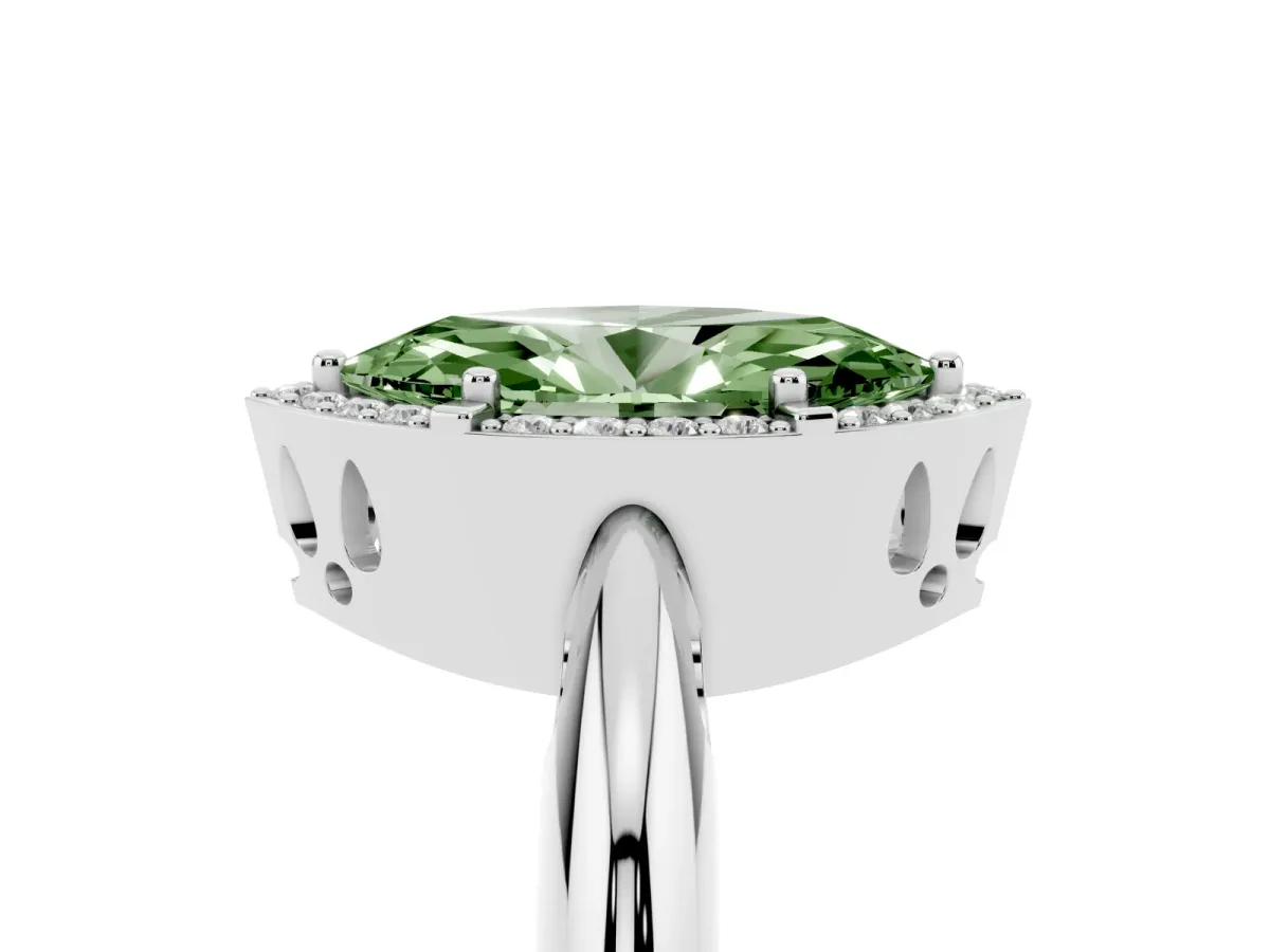 Fancy Green Marquise Cut Cut Diamond Halo Engagement Ring with Split Shank and Four-Prong Setting Silver