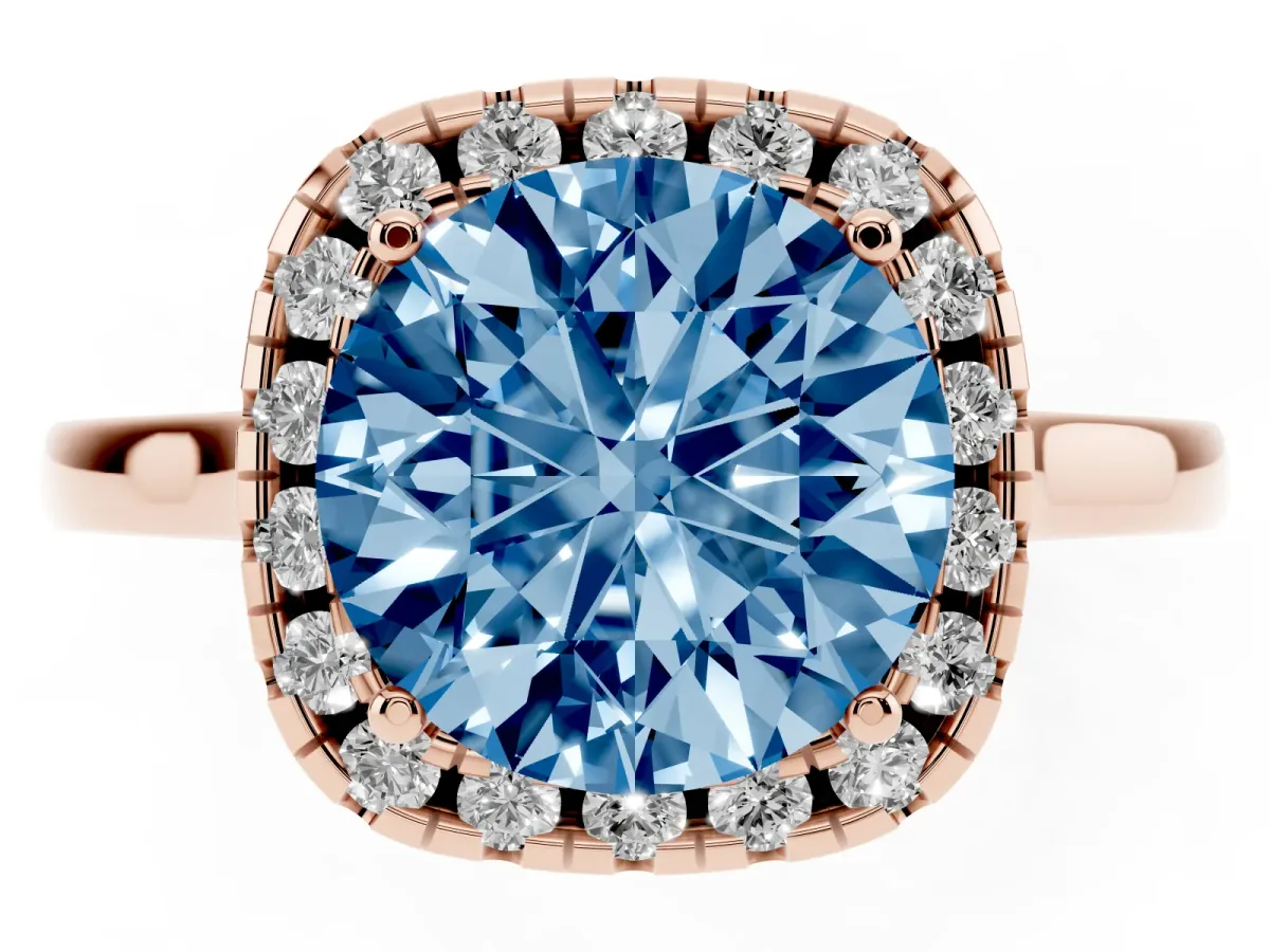 Fancy Blue Round Cut Halo Round Diamond Solitaire Ring with Pavé Band and Four-Prong Setting Rose gold