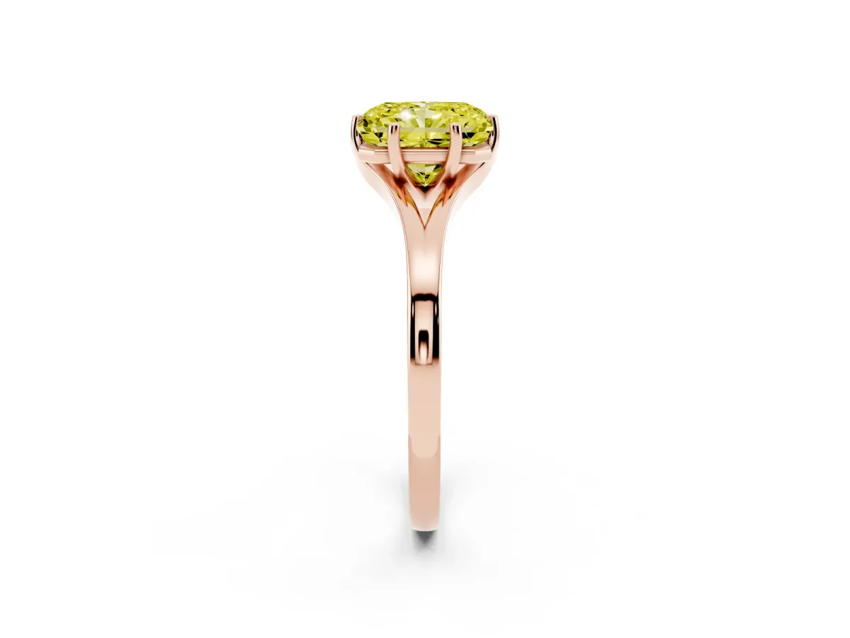 Fancy Yellow Radiant Cut Solitaire Diamond Ring with Six-Prong Setting and Tapered Band Rose gold
