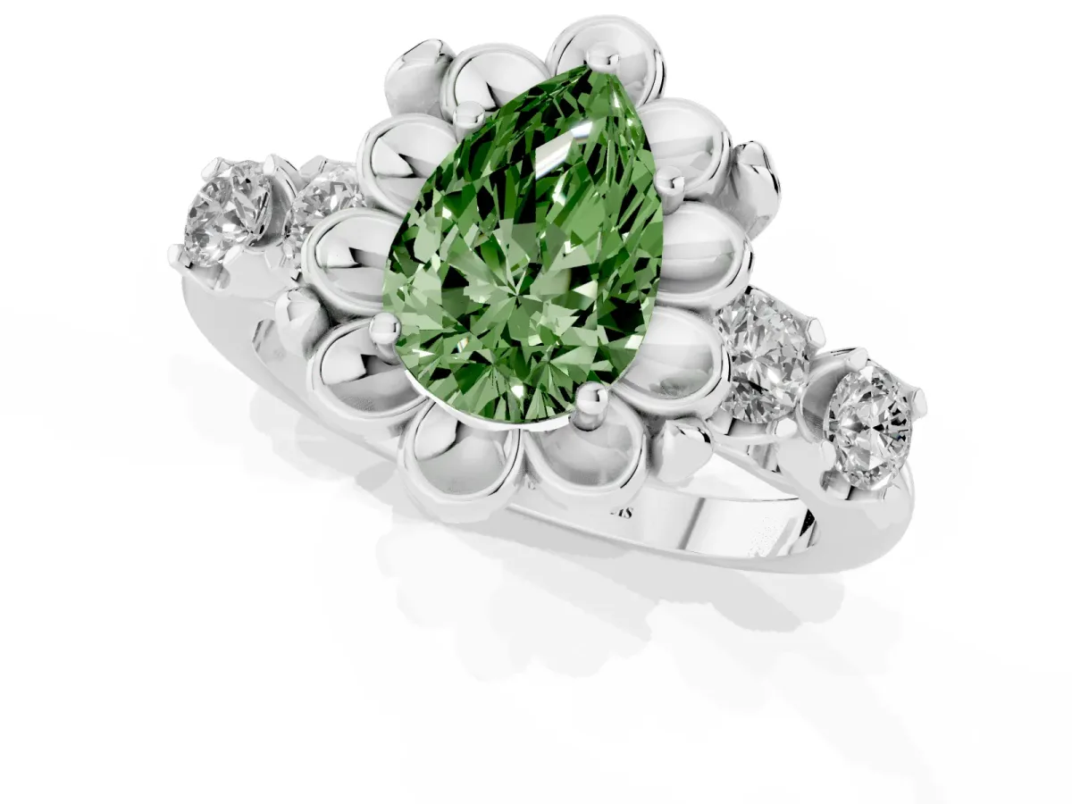 Fancy Green Pear Cut Cut Diamond Floral Halo Engagement Ring with Shared Prong Setting Silver