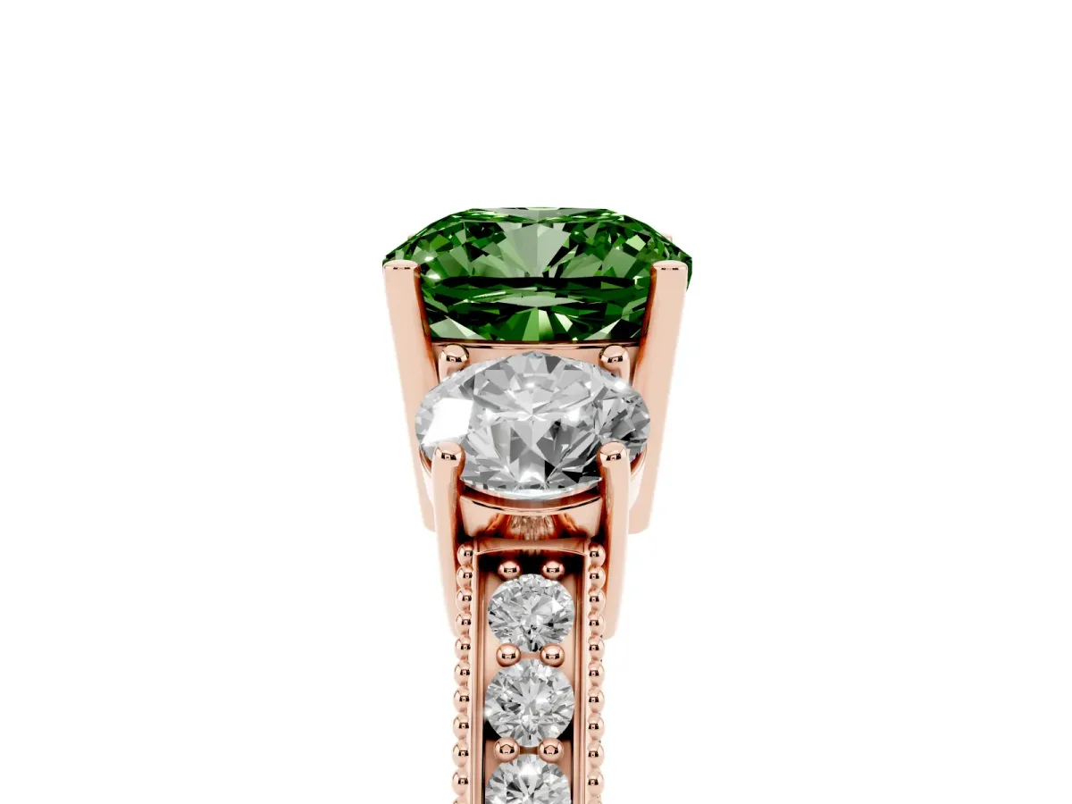 Fancy Green Cushion Cut Three-Stone Diamond Ring with Pavé Band and Four-Prong Setting Rose gold