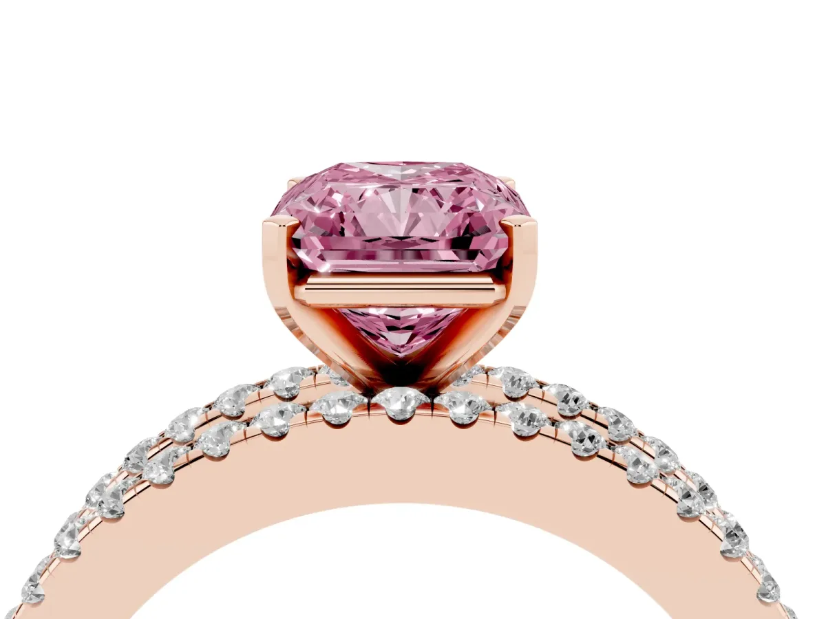 Fancy Pink Radiant Cut Diamond Solitaire Ring with Pavé and Channel Set Band Rose gold
