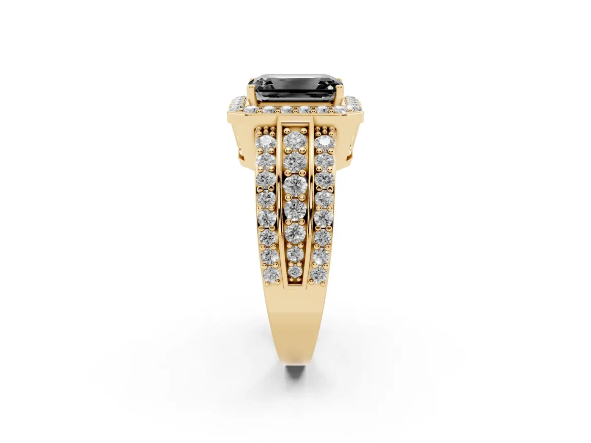 Fancy Black Emerald Cut Halo Diamond Ring with Round Split Shank and Prong Setting Yellow gold