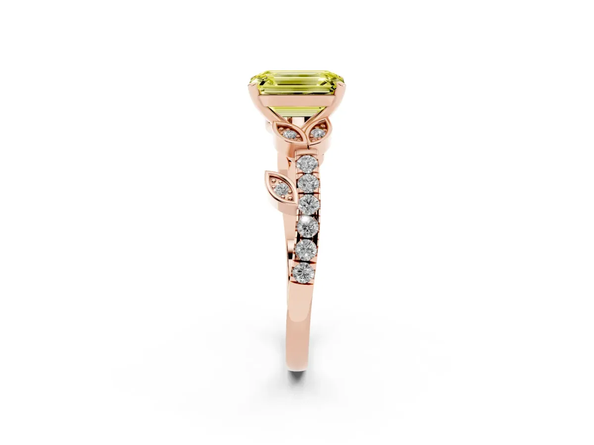 Fancy Yellow Emerald Cut Solitaire Leaf-Inspired Diamond Ring with Pavé Band and Four-Prong Setting Rose gold