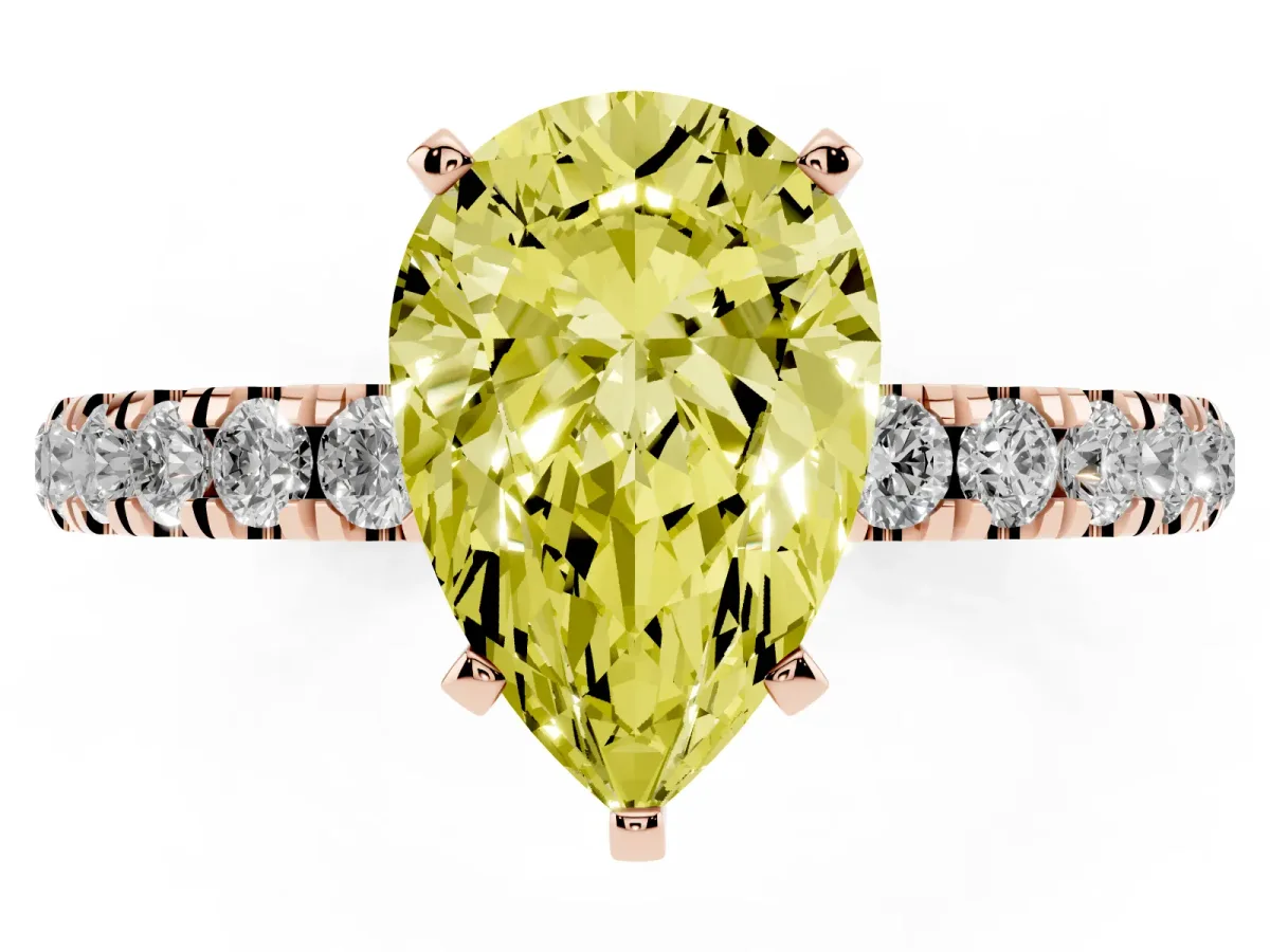 Fancy Yellow Pear Cut Diamond Solitaire Ring with Pavé Accents and Four-Prong Setting Rose gold