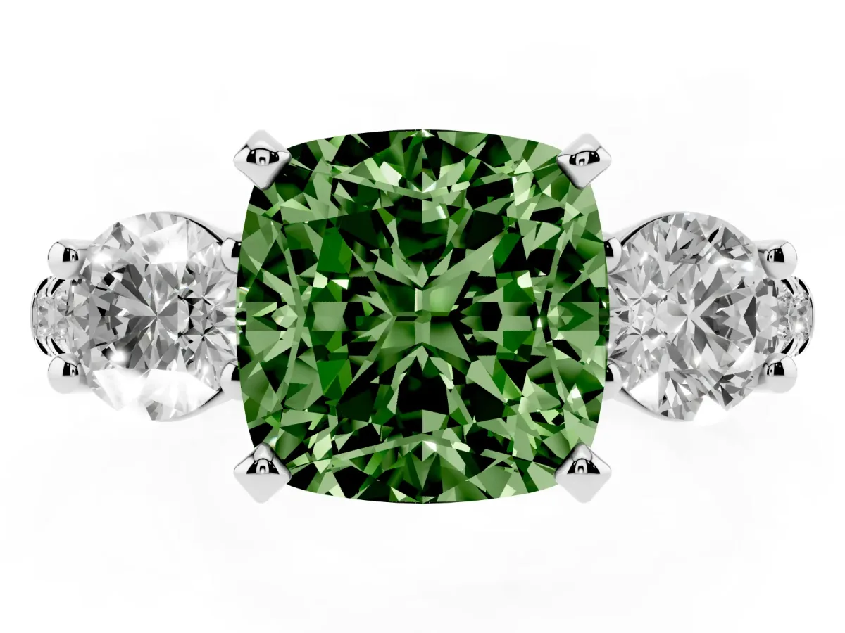 Fancy Green Three-Stone Cushion Cut Diamond Pavé Band with Four-Prong Setting Silver