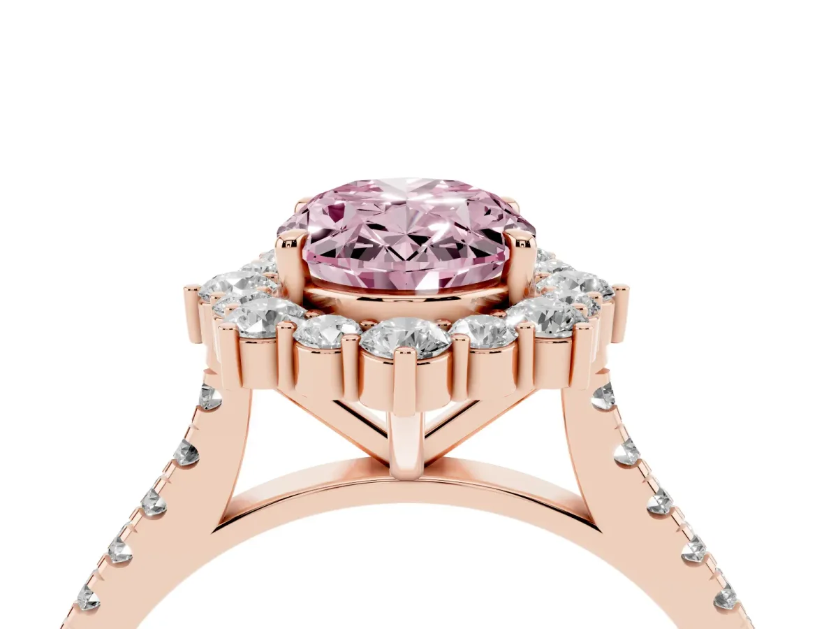 Fancy Pink Oval Cut Halo Diamond Ring with Pavé Band and Prong Setting Rose gold