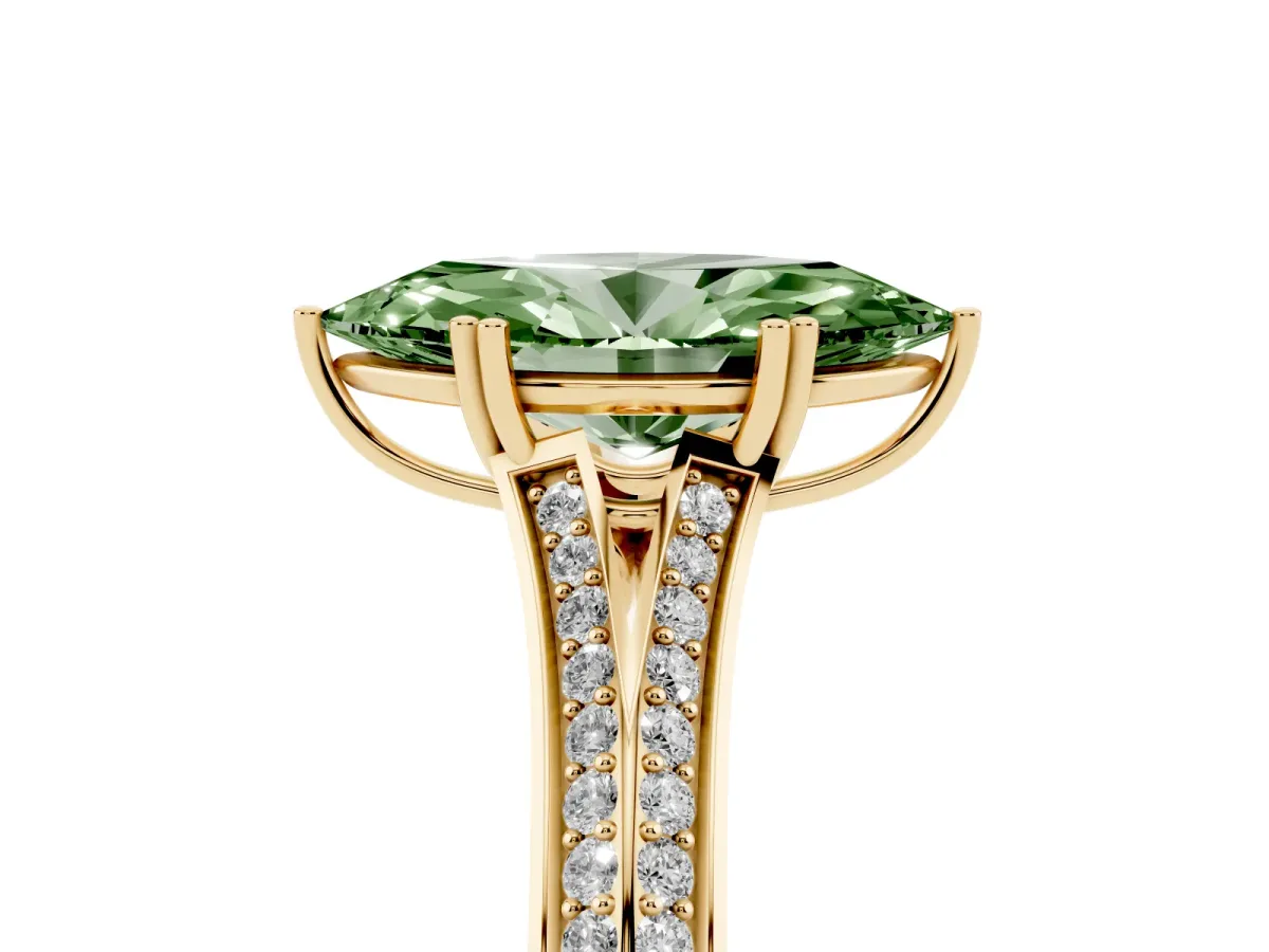 Fancy Green Marquise Cut Diamond Split Shank Engagement Ring with Pavé Band Yellow gold