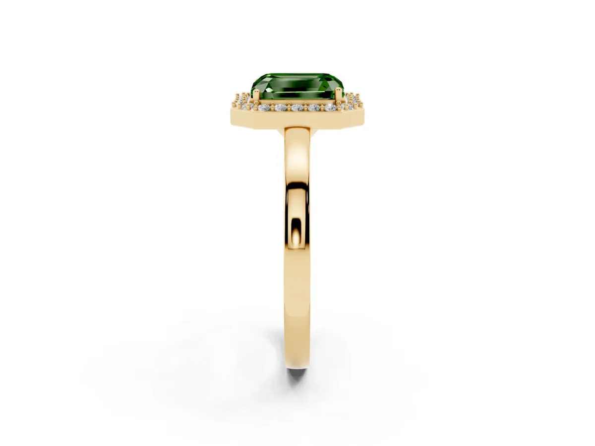 Fancy Green Radiant Cut Halo Diamond Ring with Solitaire Band and Prong Setting Yellow gold