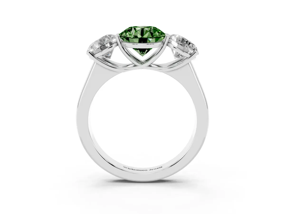 Fancy Green Round Cut Three-Stone Diamond Ring with Prong Setting on a Classic Band Silver
