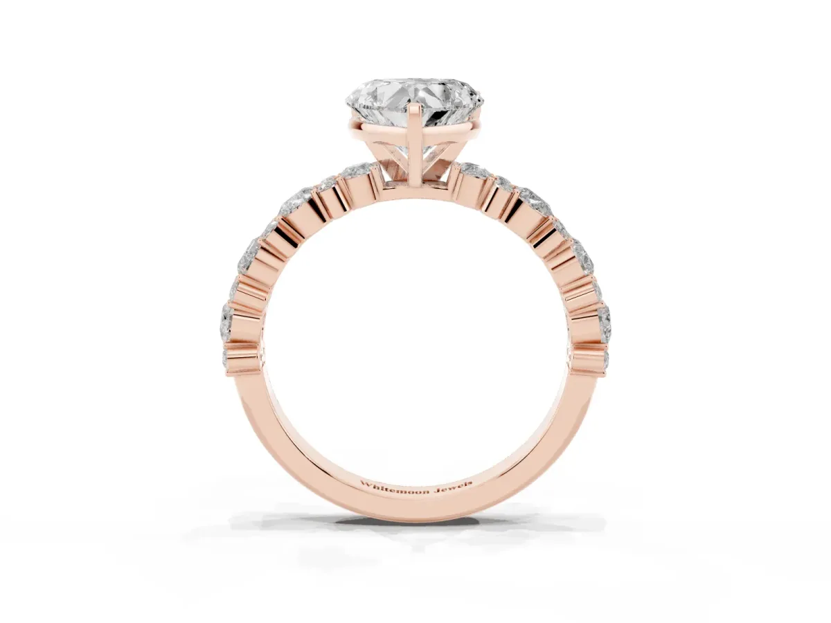 Heart Cut Diamond Side Stone Solitaire Ring with Round and Four-Prong Setting Rose gold