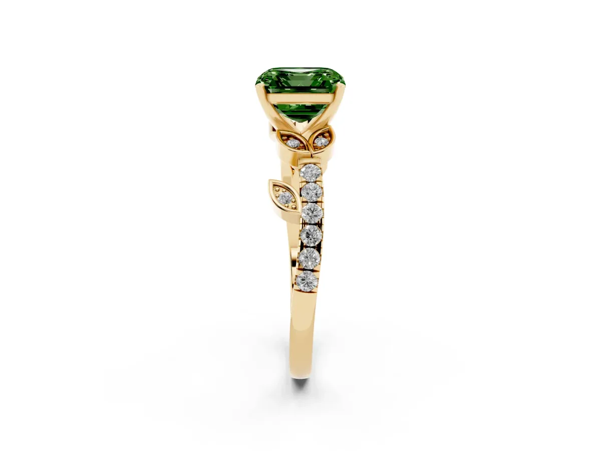 Fancy Green Asscher Cut Solitaire Leaf-Inspired Diamond Ring with Pavé Band and Four-Prong Setting Yellow gold