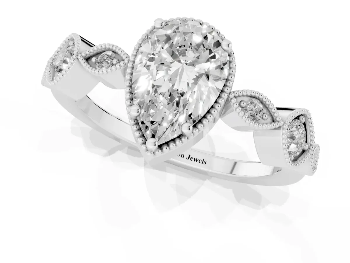 Pear Cut Diamond Vintage Milgrain Ring with Round Stations Silver