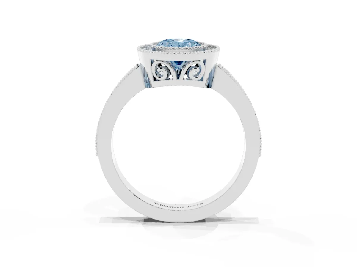 Fancy Blue Oval Cut Cut Halo Diamond Ring with Pavé Band and Milgrain Prong Setting Silver