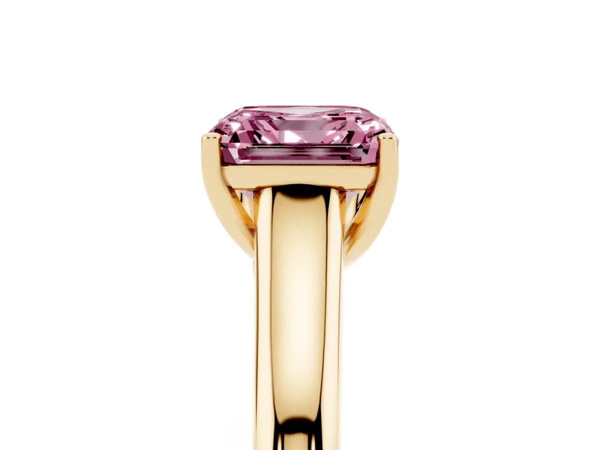 Fancy Pink Asscher Cut Solitaire Engagement Ring with Tapered Band and Four-Prong Setting Yellow gold