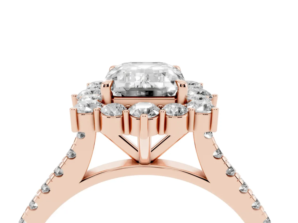 Emerald Cut Halo Diamond Ring with Pavé Band and Prong Setting Rose gold