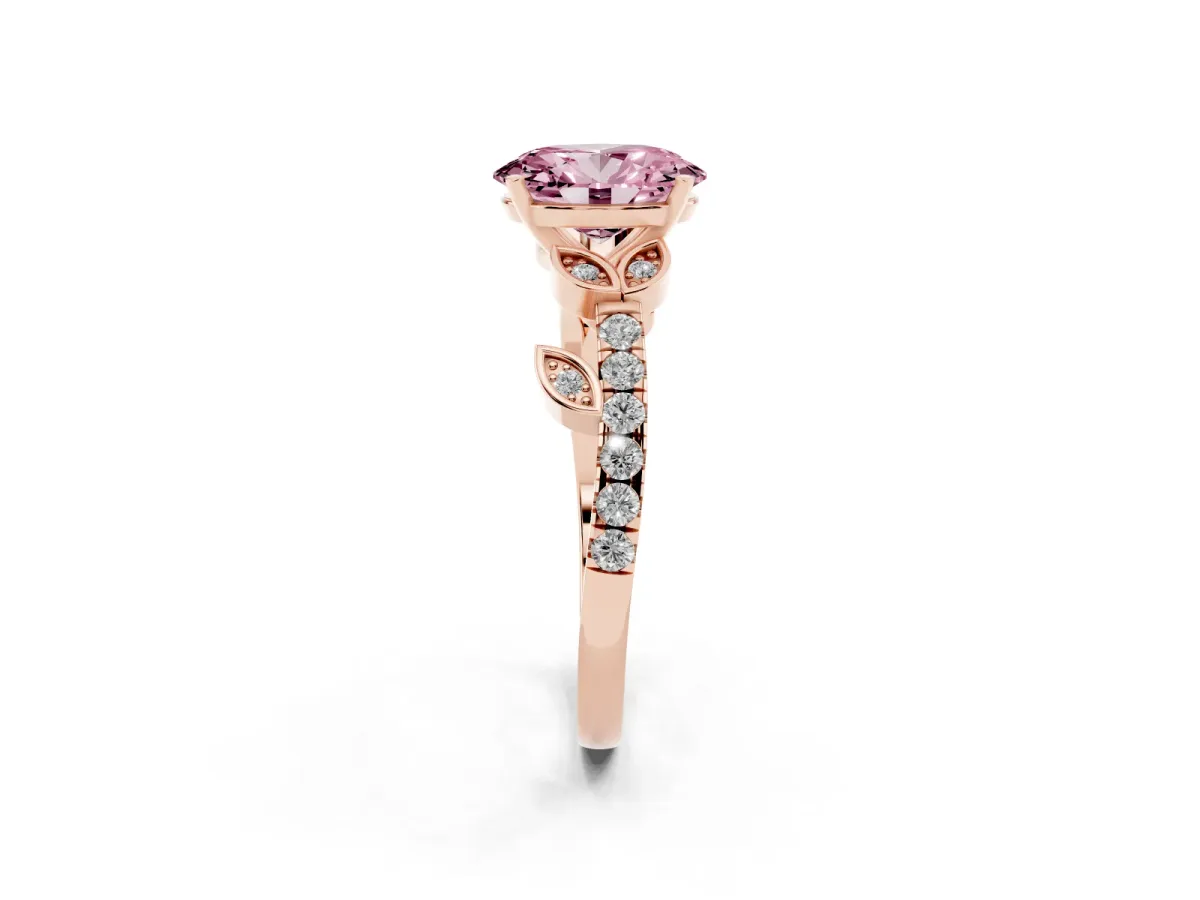 Fancy Pink Oval Cut Solitaire Leaf-Inspired Diamond Ring with Pavé Band and Four-Prong Setting Rose gold