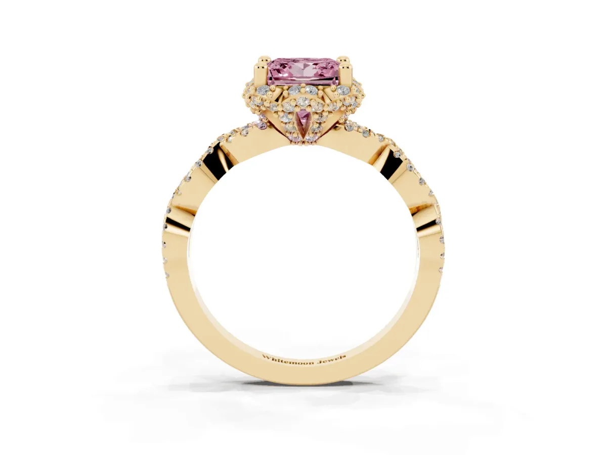 Fancy Pink Princess Cut Halo Twist Band Solitaire Ring with Six-Prong Setting Yellow gold